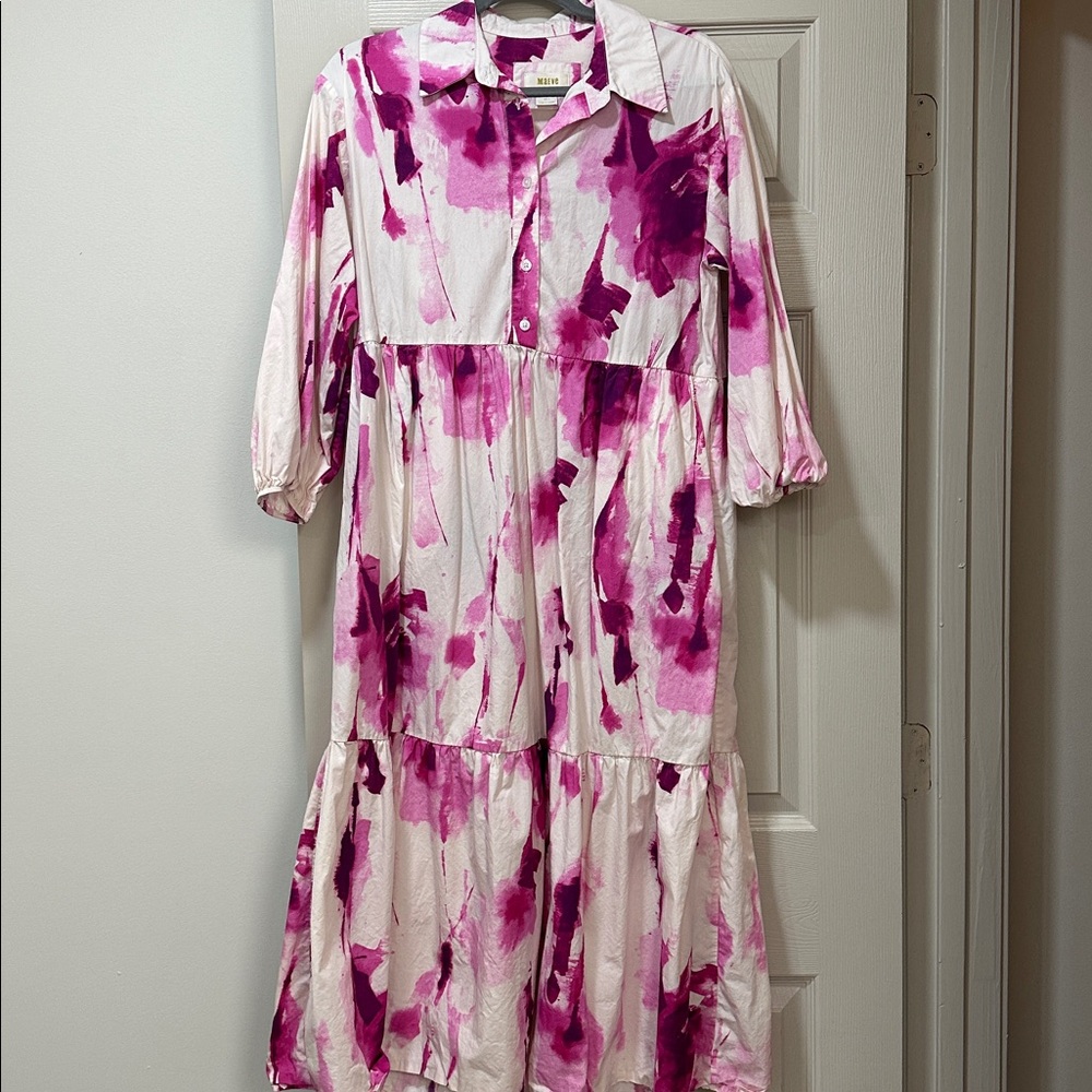 Maeve Cream and Magenta Watercolor Midi Dress